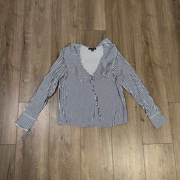 J.Crew Goldie Satin Top WMNS XS Navy White Striped Long Sleeve Ruffle Tie Neck - Picture 3 of 8